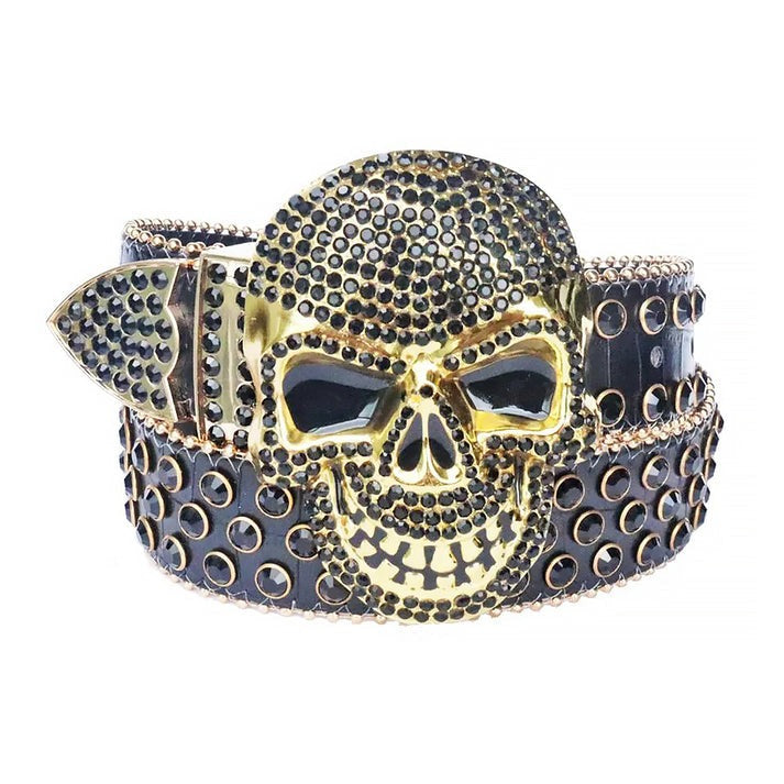 Black Rhinestone Waist Belt With Black Strap and Skull Buckle