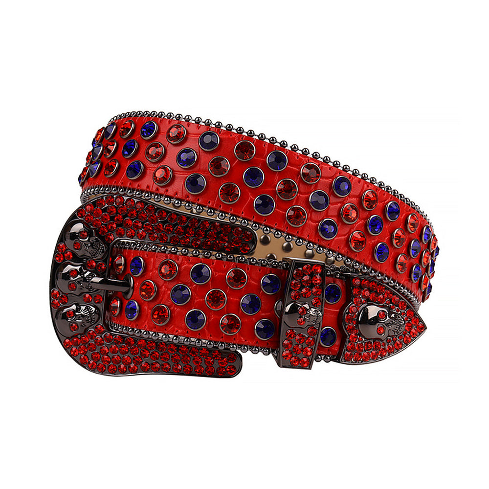 Skull Red Strap With Red & Blue Adorned Rhinestone Belt