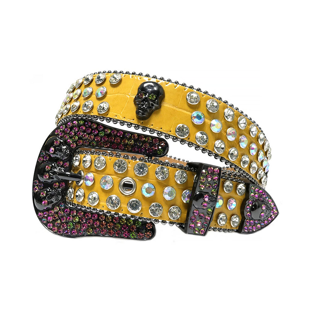 Yellow Strap Skull Buckle With Faceted Crystal & Multi Encrusted Rhinestone Belt
