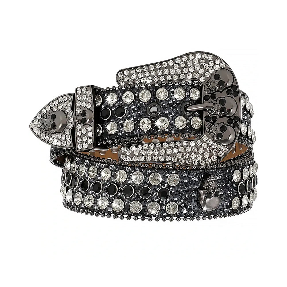 Black Skull Buckle With Black & Faceted Crystal Sparkly Rhinestone Belt