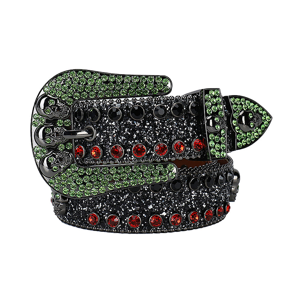 Skull Buckle Black Belt With Black & Red Glossy Gems