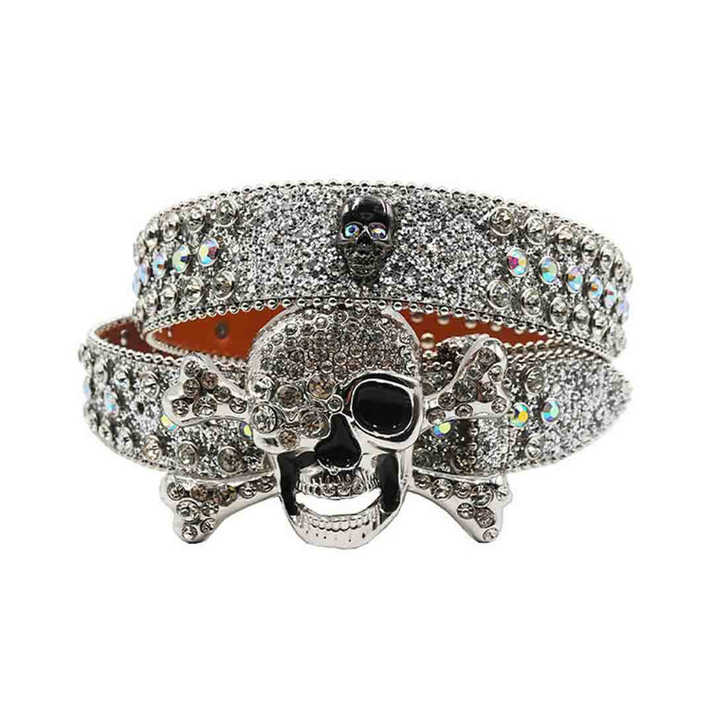Metal Skull Buckle With Silver & Multi Embellished Rhinestone Belt