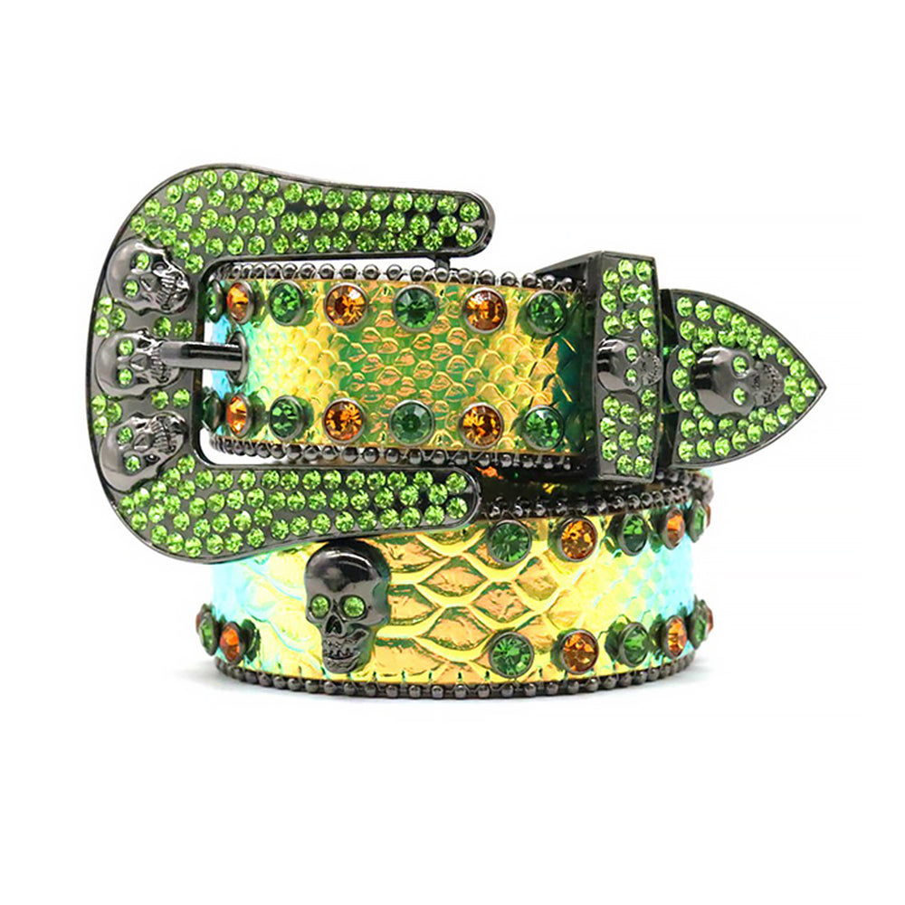 Skull Green Strap With Green & Gold Glossy Rhinestone Belt