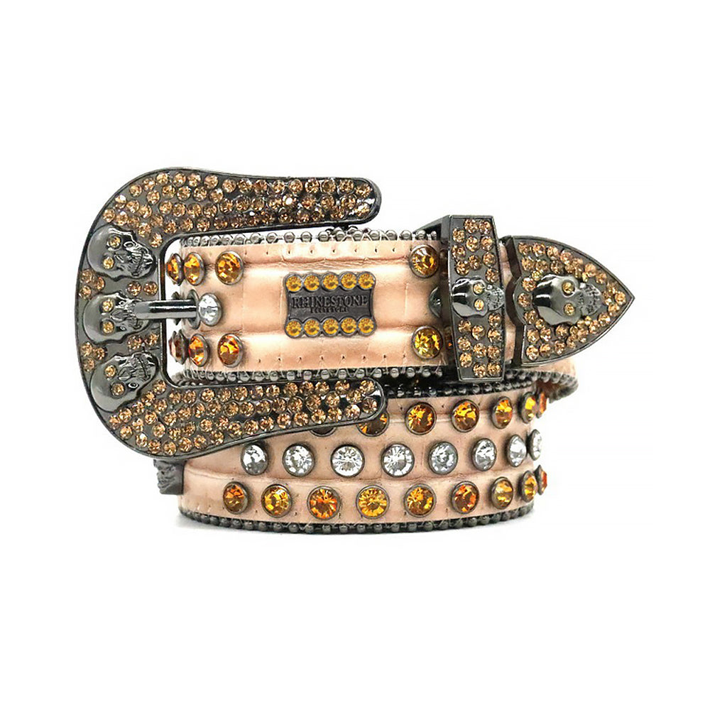 Brown Skull Buckle With Gold & Faceted Crystal Lustrous Belt
