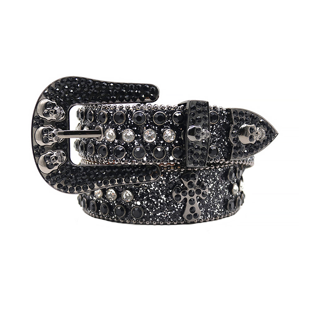 Skull Buckle Black Strap With Black & Faceted Crystal Rhinestone Belt