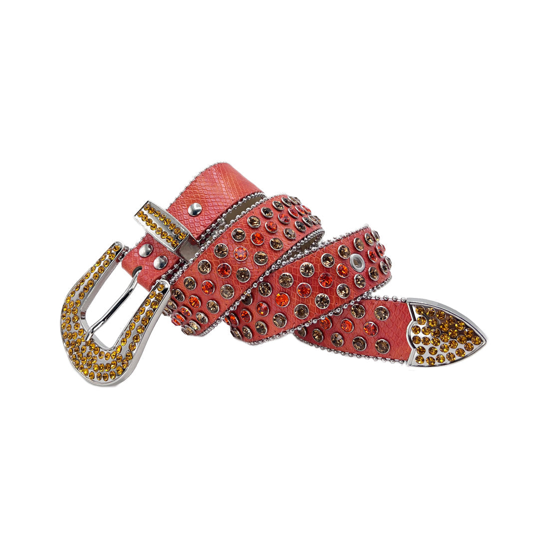 Orange Strap With Glossy Red & Golden Embellished Rhinestone Belt