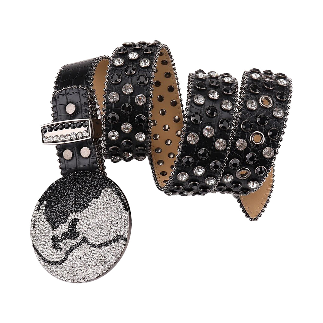 Black Strap Earth World Buckle Belt With Silver & Black Encrusted Rhinestone