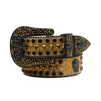 Gold Strap Skull Buckle With Black & Gold Rhinestone Statement Belt