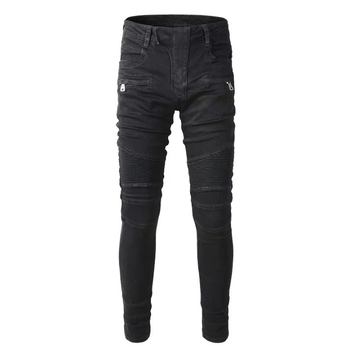 Men's Motorbike Pieced Design Zippers Skinny Distressed Jeans
