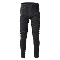 Men's Motorbike Pieced Design Zippers Skinny Distressed Jeans