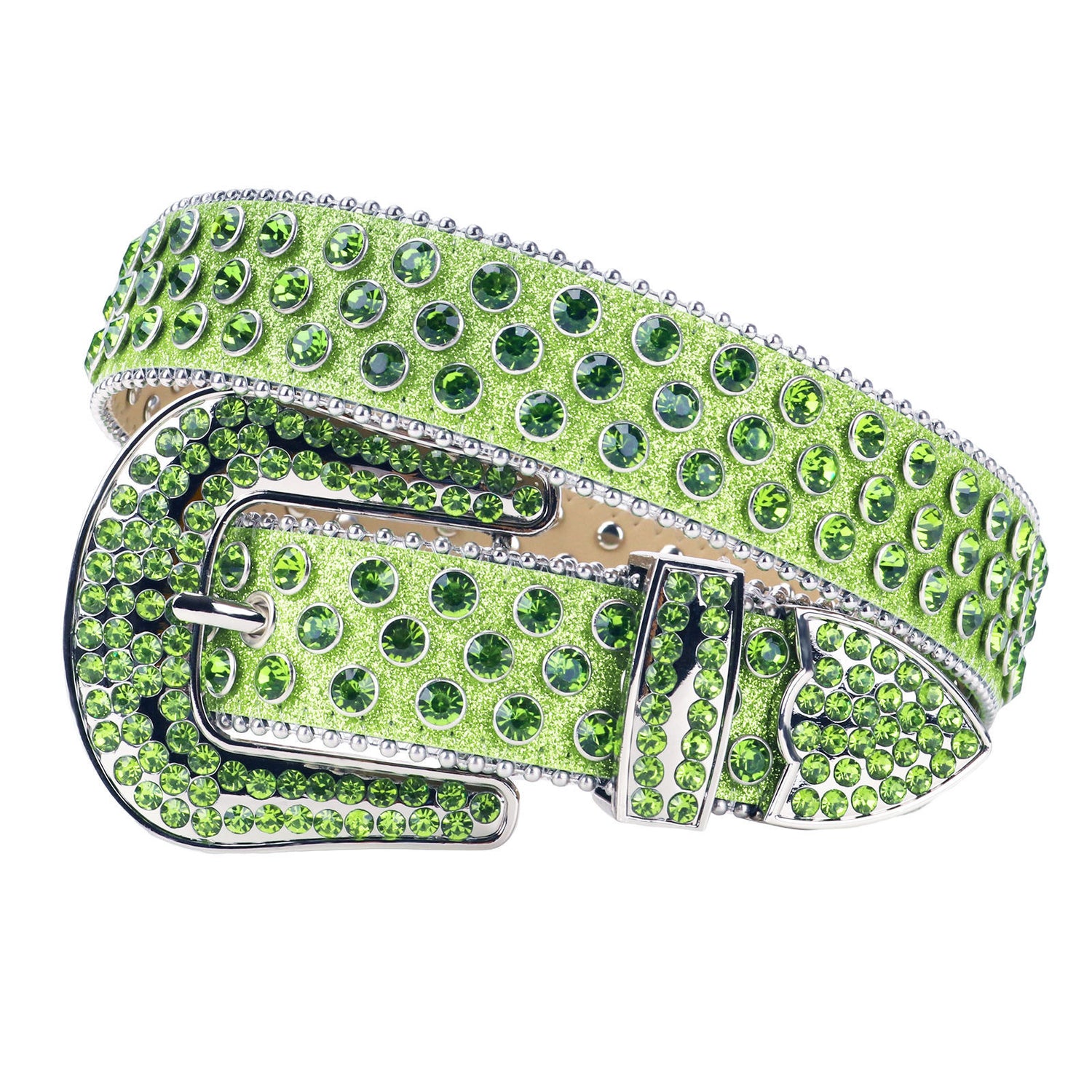 Green Crystal Rhinestone Western Belt with Silver Buckle