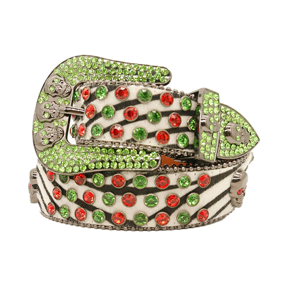 Skull White With Green & Red Rhinestone Statement Belt