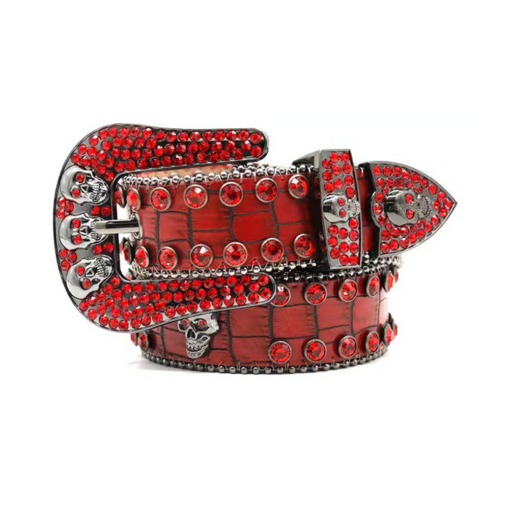 Skull Buckle Pattern Red Strap With Red Rhinestone Statement Belt