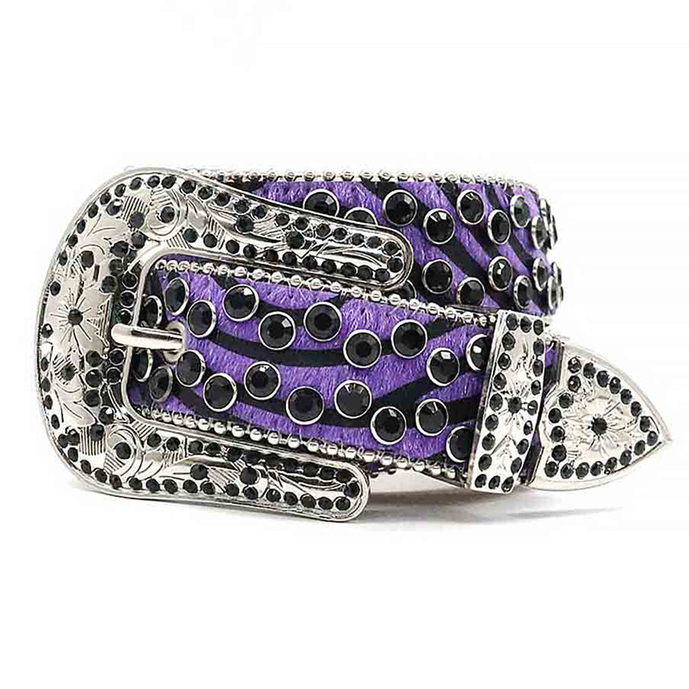 Purple Patterned Strap With Black Adorned Rhinestone Belt