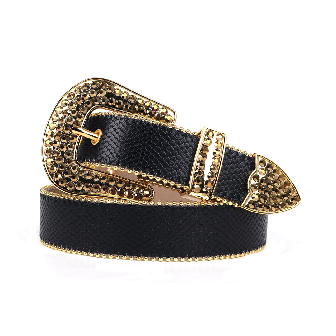 Black Strap With Gold Adorned Rhinestone Belt