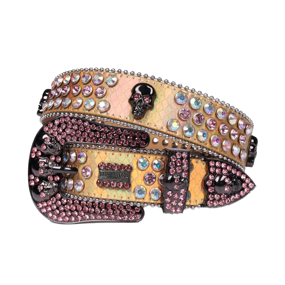 Gold Strap Skull Buckle With Sparkly Pink & Multi Rhinestone Belt