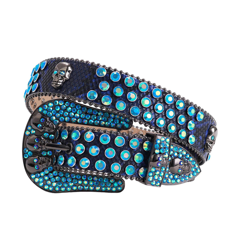 Blue Strap Skull Buckle With Encrusted Blue Rhinestone Belt