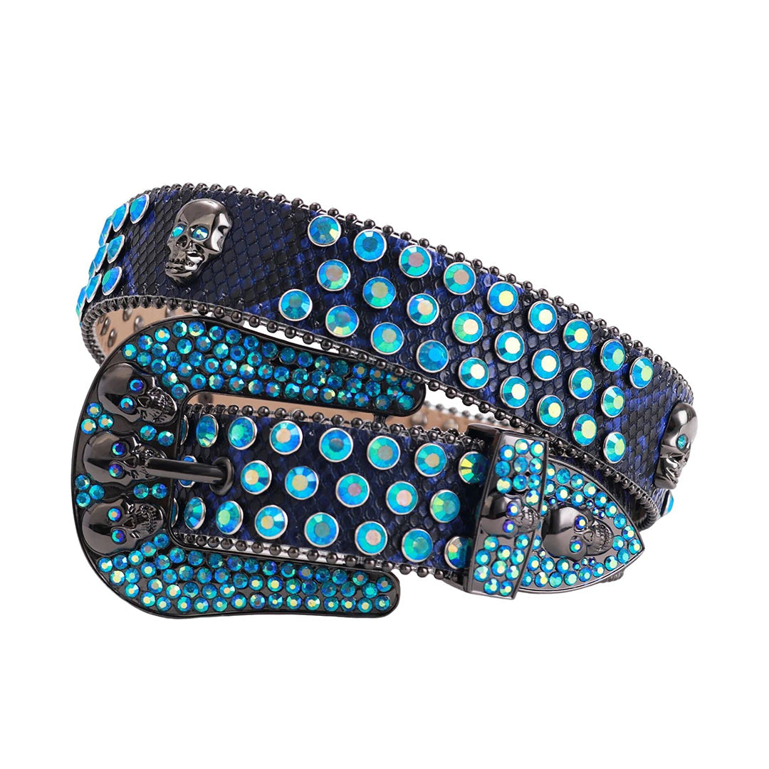 Blue Strap Skull Buckle With Encrusted Blue Rhinestone Belt