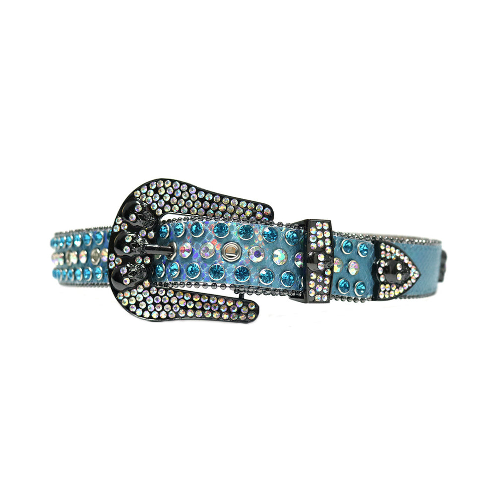 Glossy Skull Blue Strap With Blue & Multi Rhinestone Belt