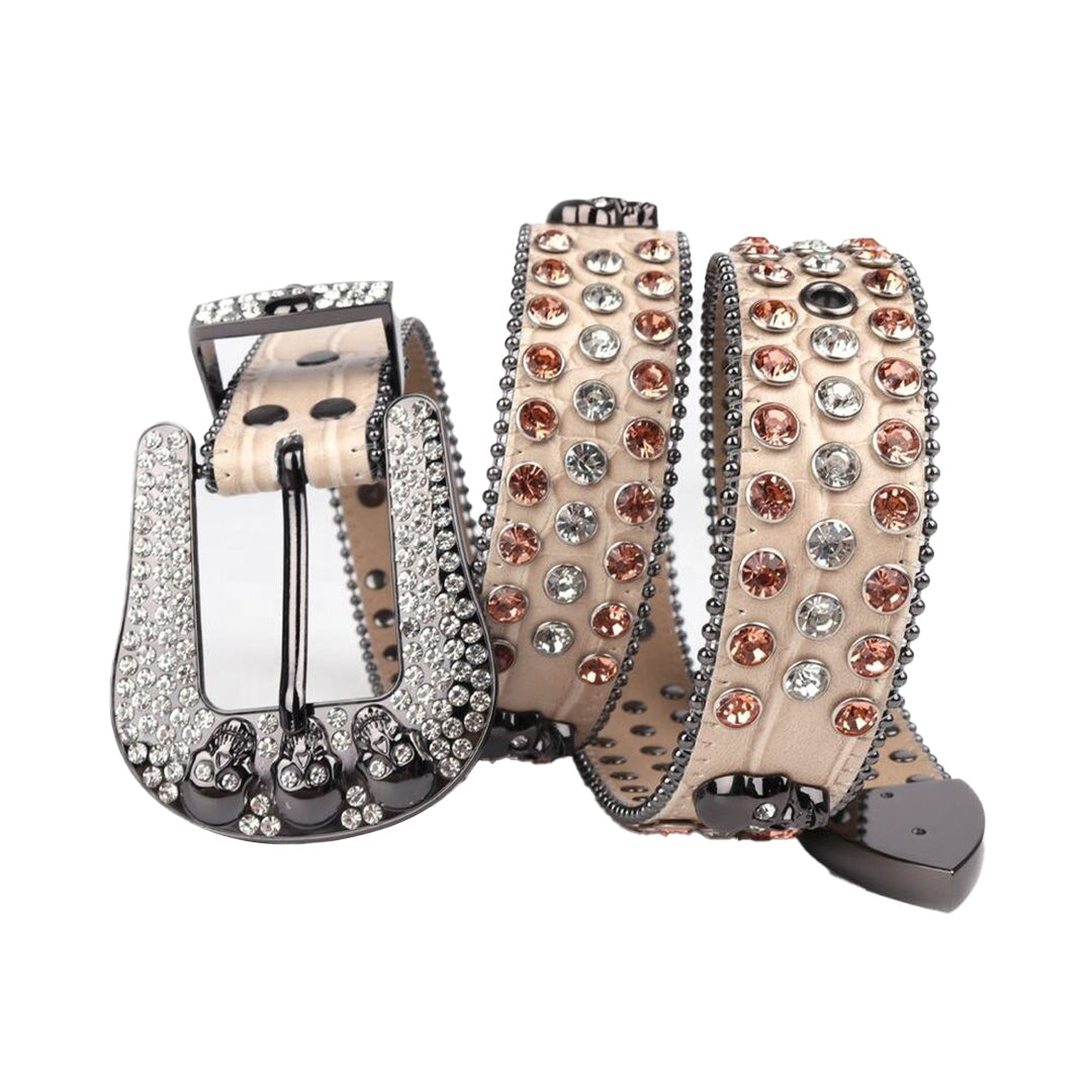 Skull Beige Strap With Sparkly Gold & Silver Rhinestone Belt