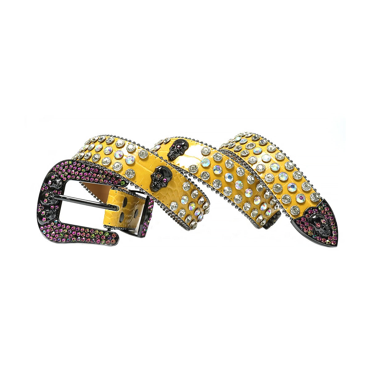 Yellow Strap Skull Buckle With Faceted Crystal & Multi Encrusted Rhinestone Belt