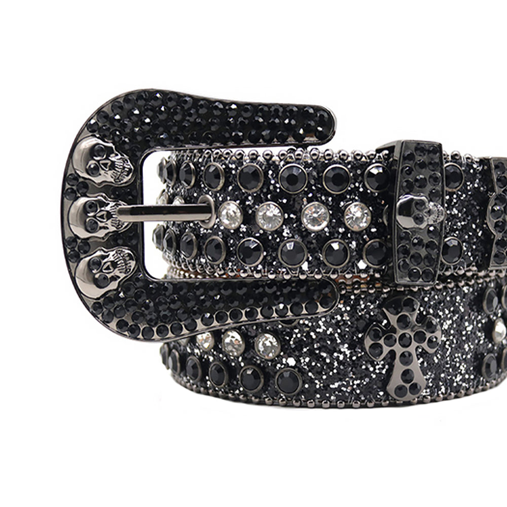 Skull Buckle Black Strap With Black & Faceted Crystal Rhinestone Belt