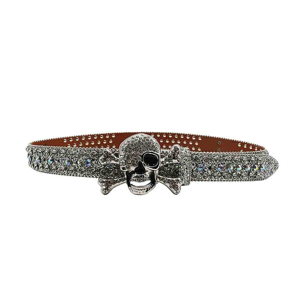 Metal Skull Buckle With Silver & Multi Embellished Rhinestone Belt