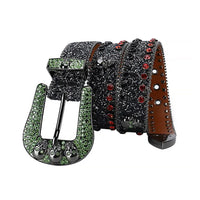 Skull Buckle Black Belt With Black & Red Glossy Gems