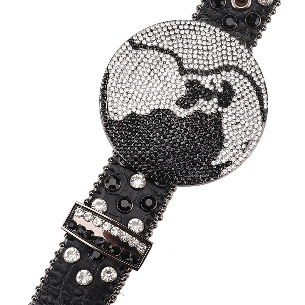 Black Strap Earth World Buckle Belt With Silver & Black Encrusted Rhinestone