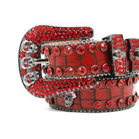 Skull Buckle Pattern Red Strap With Red Rhinestone Statement Belt