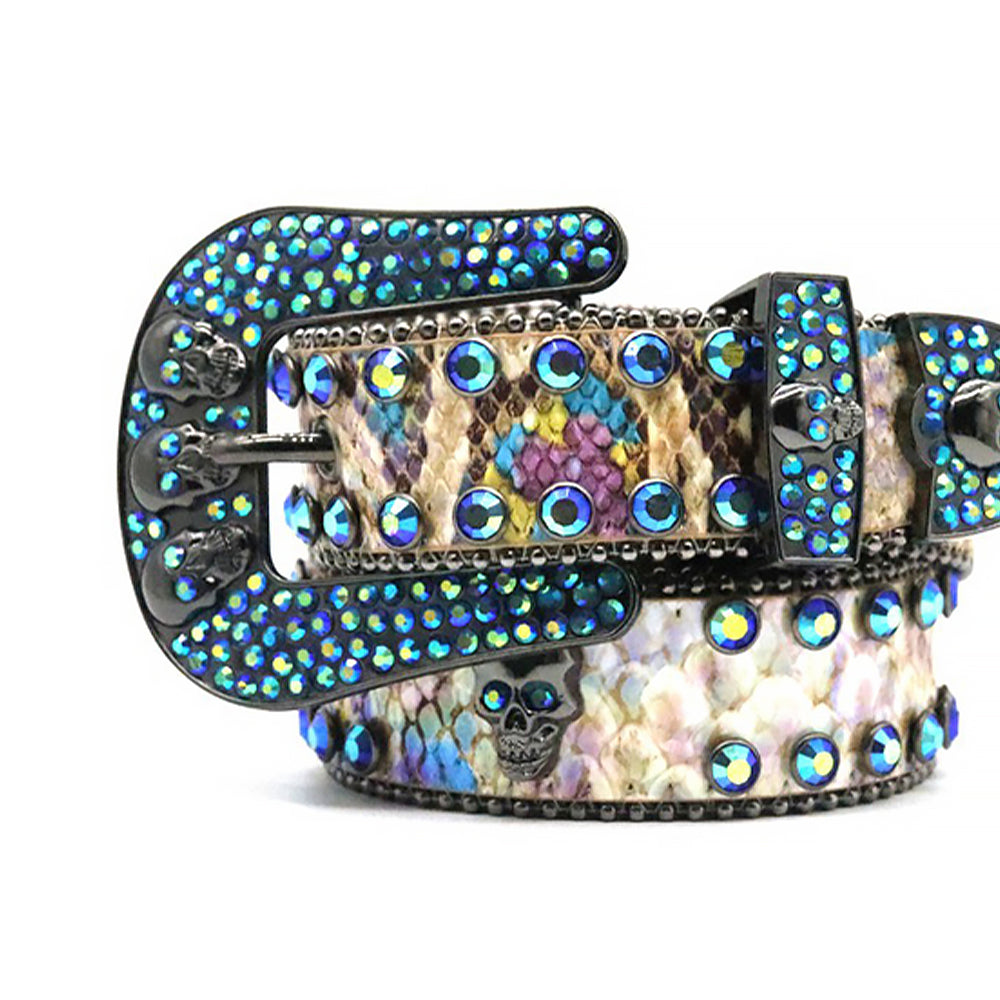 Skull Buckle Multi Strap With Blue & Multi Rhinestone Waist Belt