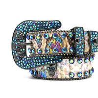Skull Buckle Multi Strap With Blue & Multi Rhinestone Waist Belt