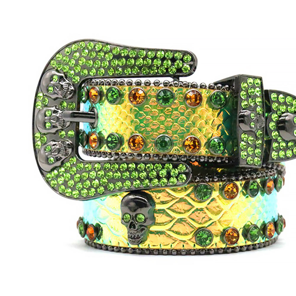 Skull Green Strap With Green & Gold Glossy Rhinestone Belt