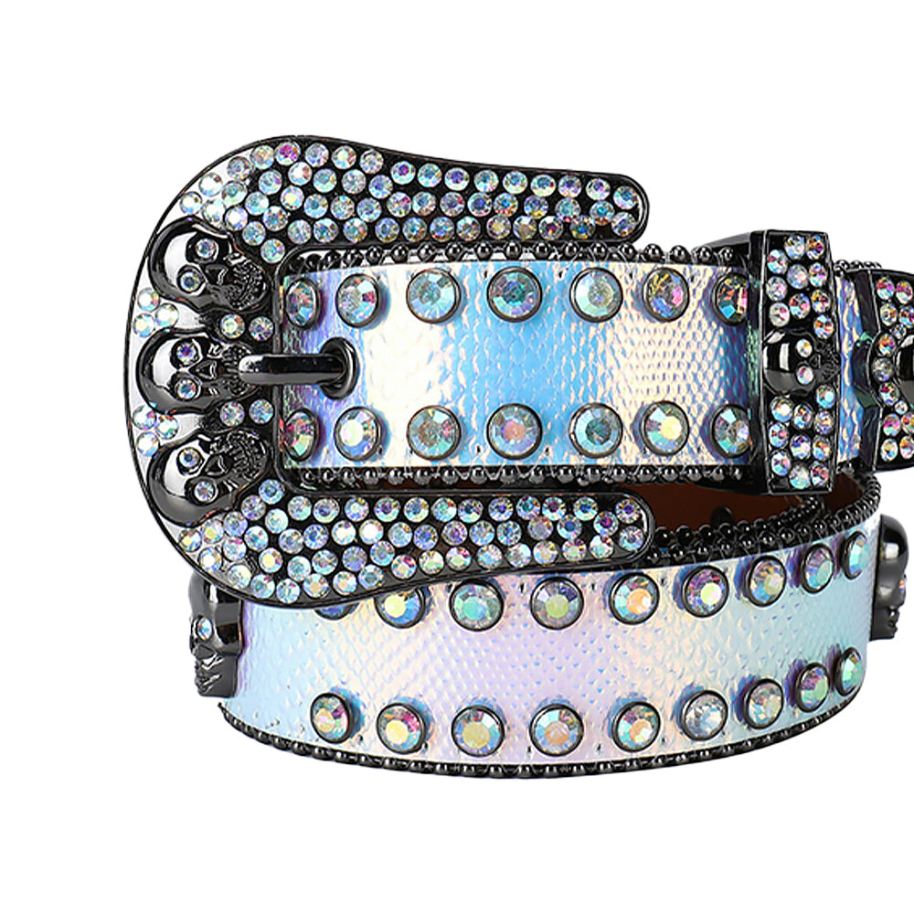 Multi Skull Buckle With Multi Rhinestone Statement Belt