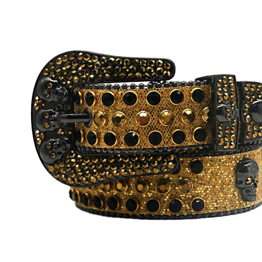 Gold Strap Skull Buckle With Black & Gold Rhinestone Statement Belt