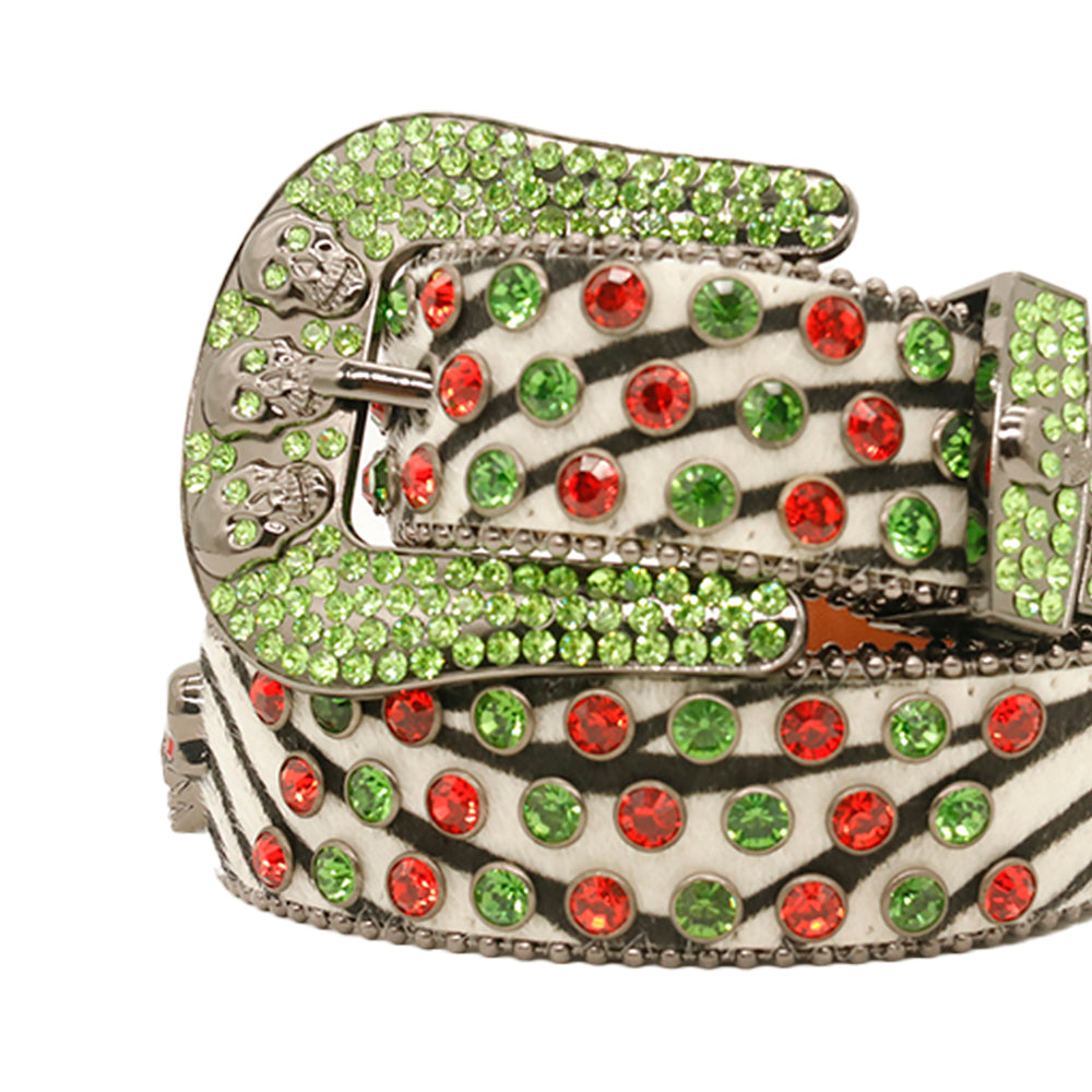 Skull White With Green & Red Rhinestone Statement Belt