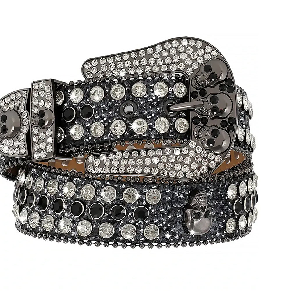 Black Skull Buckle With Black & Faceted Crystal Sparkly Rhinestone Belt