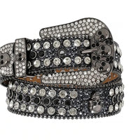 Black Skull Buckle With Black & Faceted Crystal Sparkly Rhinestone Belt
