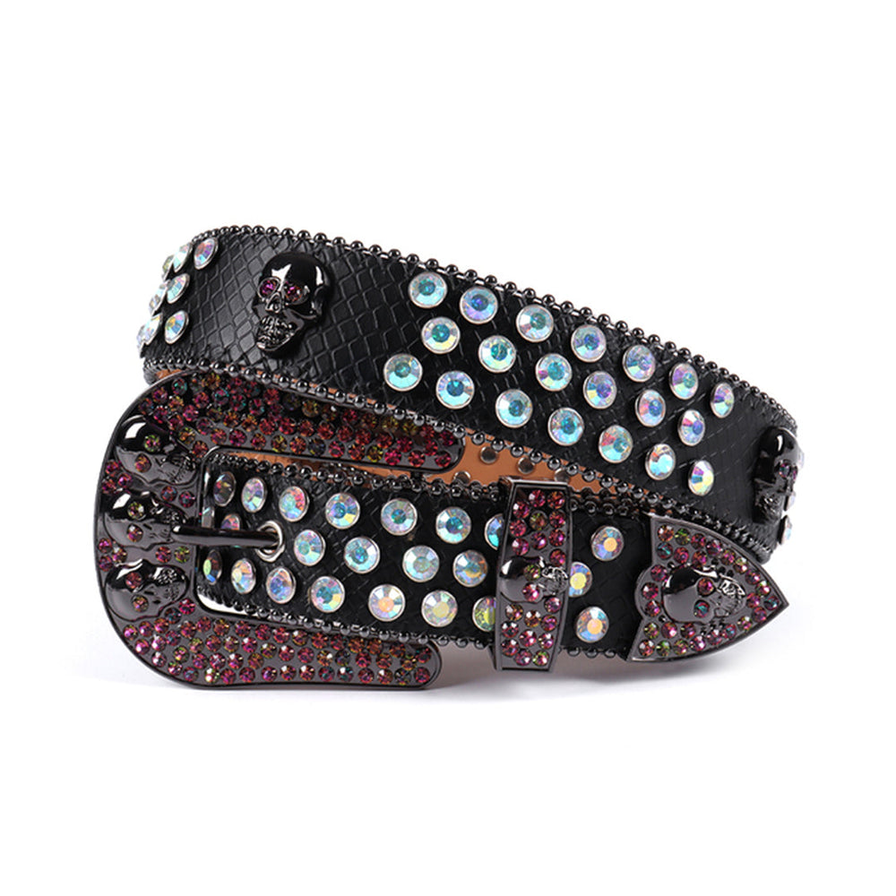 Skull Buckle Black Strap With Lustrous Multi Rhinestone Belt