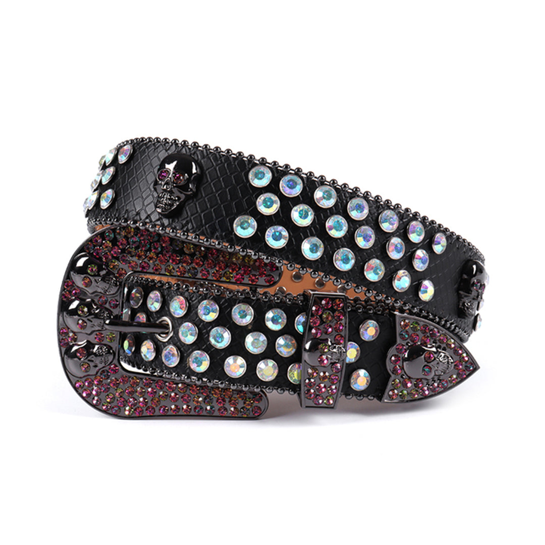 Skull Buckle Black Strap With Lustrous Multi Rhinestone Belt