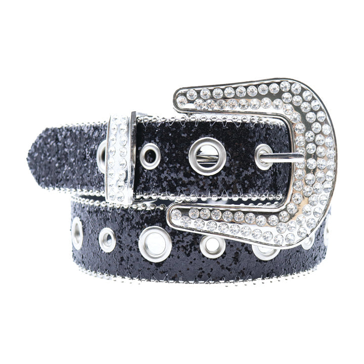 Black Luxury Shimmer Rhinestone Belt with Faceted Crystal Buckle and Western Shine