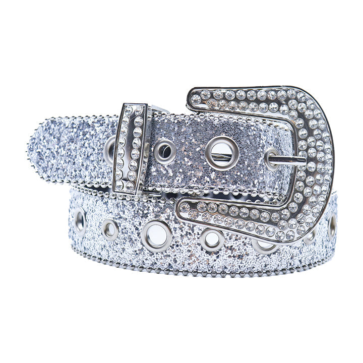 Silver Luxury Shimmer Rhinestone Belt with Faceted Crystal Buckle and Western Shine