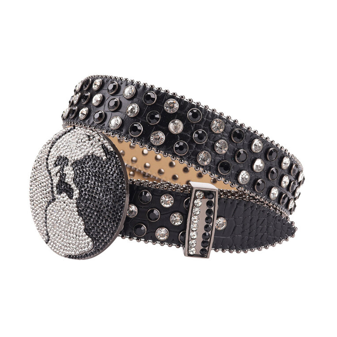Black Strap Earth World Buckle Belt With Silver & Black Encrusted Rhinestone