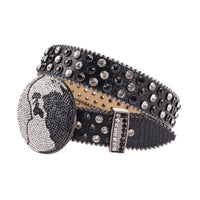 Black Strap Earth World Buckle Belt With Silver & Black Encrusted Rhinestone