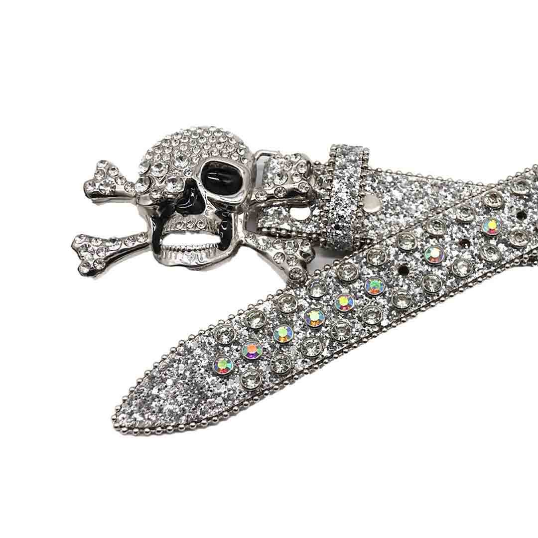 Metal Skull Buckle With Silver & Multi Encrusted Rhinestone Belt