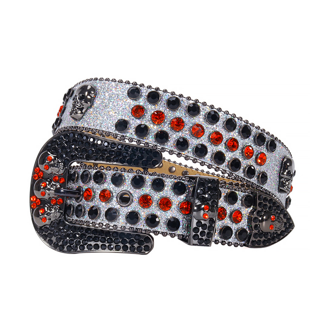 Skull Grey Glittery Strap With Black & Red Rhinestone Statement Belt