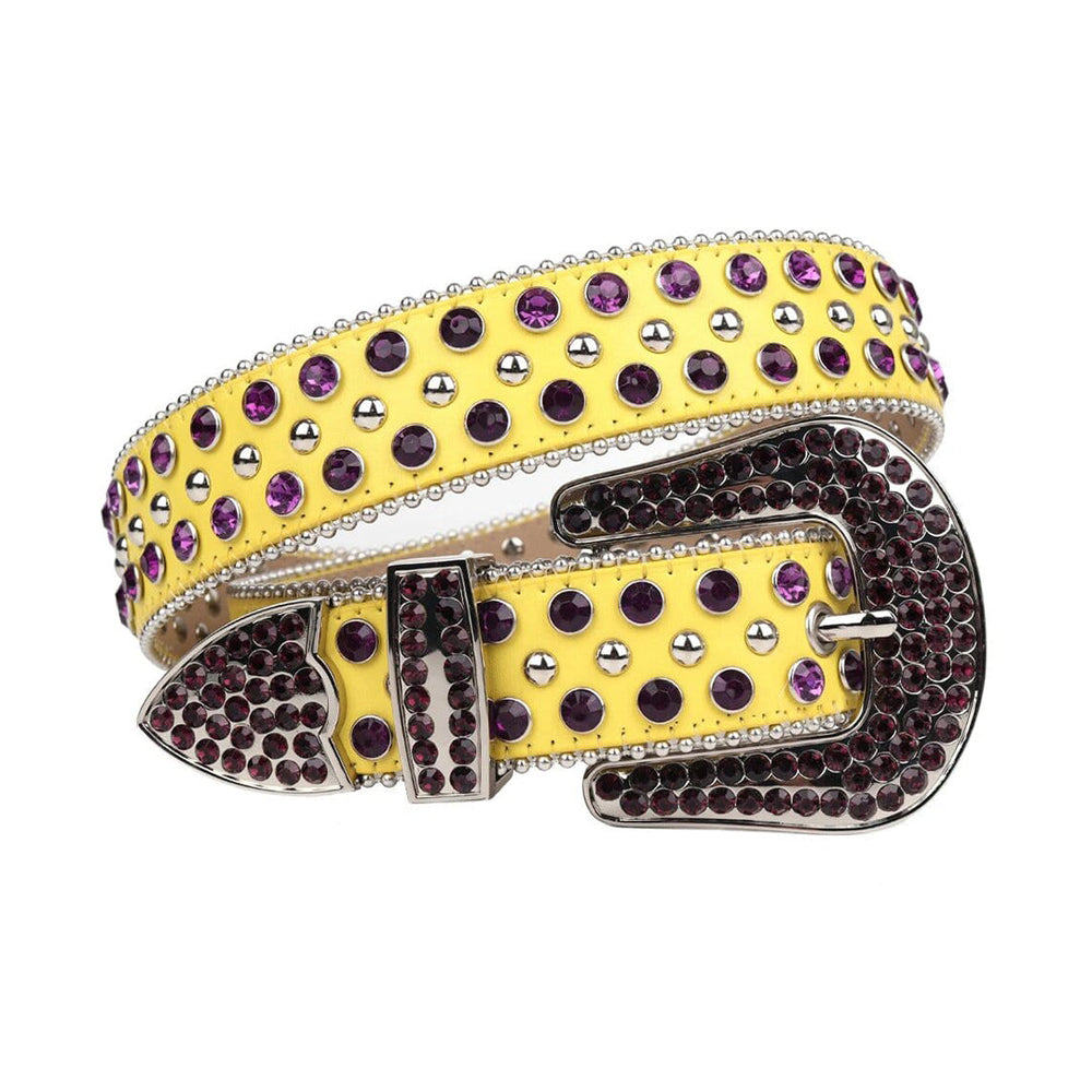 Yellow Strap With Purple & Metal Adorned Rhinestone Belt