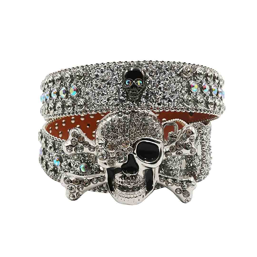 Metal Skull Buckle With Silver & Multi Encrusted Rhinestone Belt