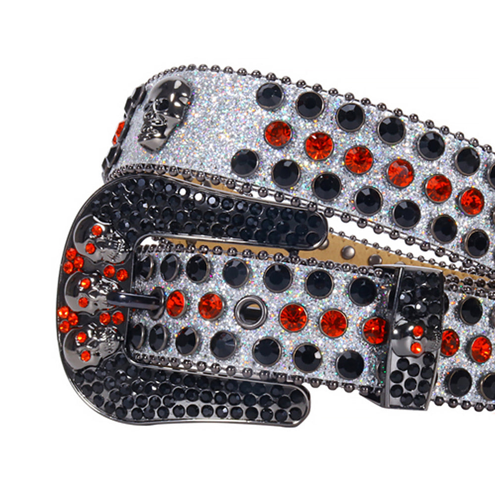 Skull Grey Glittery Strap With Black & Red Rhinestone Statement Belt