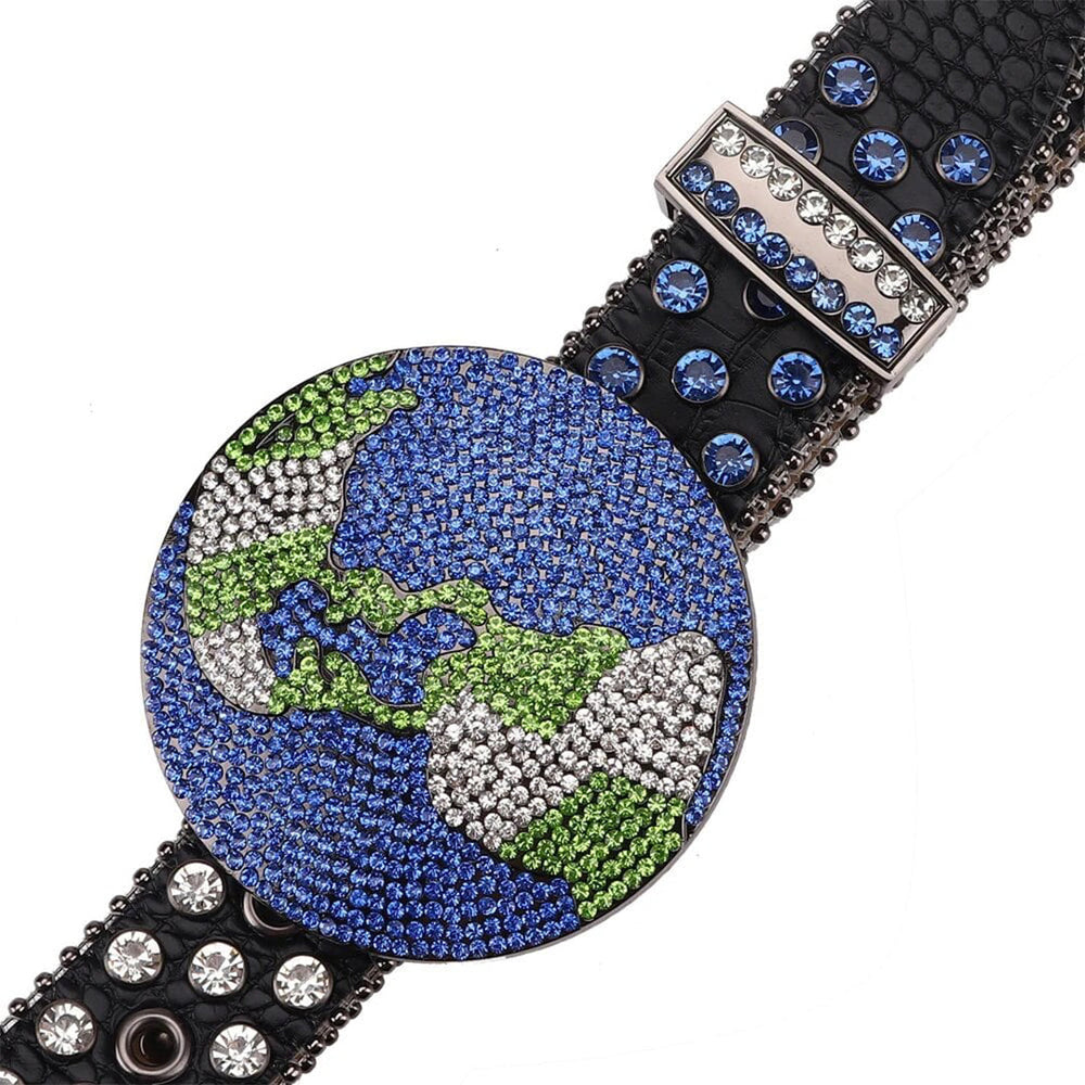 Globe Buckle Black Strap With Silver & Blue Encrusted Rhinestone Belt